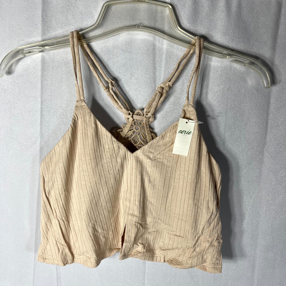 NWT aerie Ripped Double Strap Cropped Tank Top Tan/Cream Size S